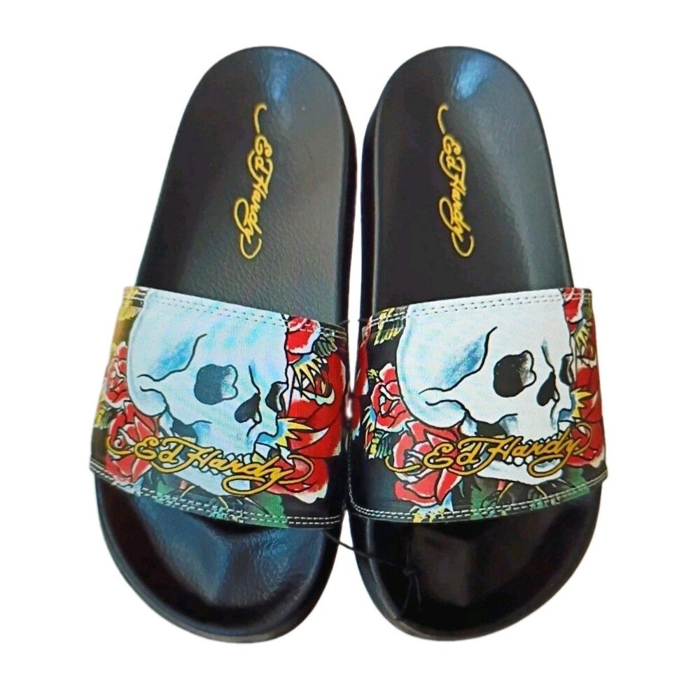 Ed Hardy Women's Black Slide Sandals Skull and Rose Tattoo Graphic